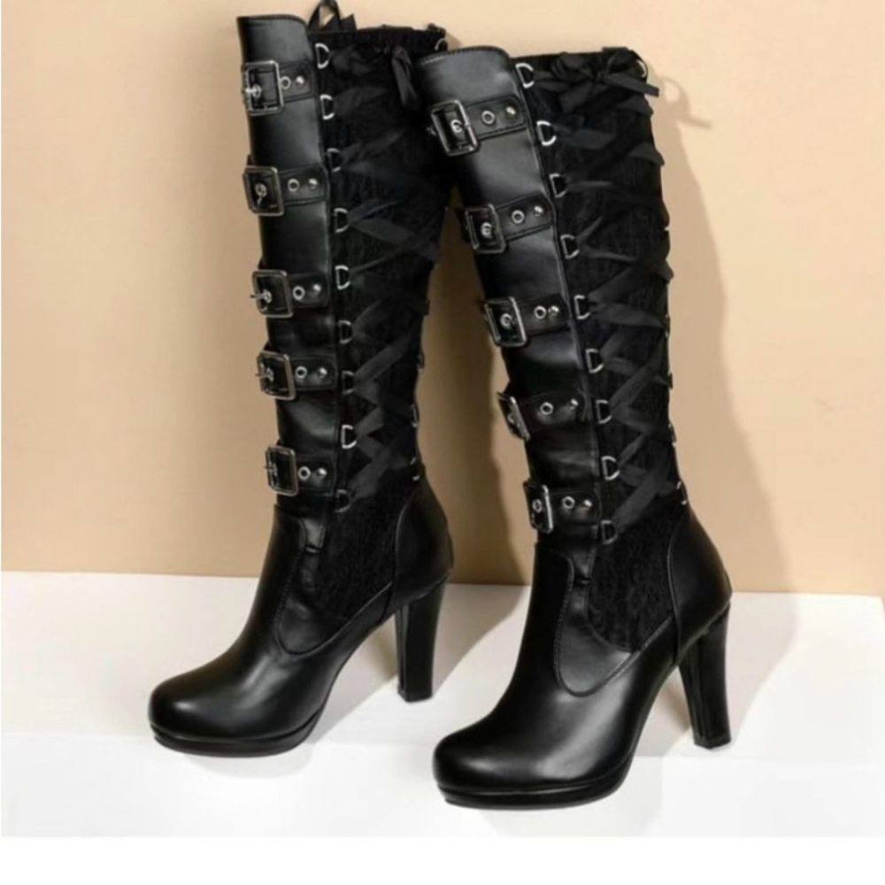 Fairsoma Womens Black Lace-Up 4” Heeled Boots w/ non slip sole & buckle accents